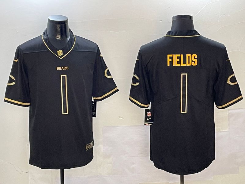 Men Chicago Bears #1 Fields Black Gold Throwback 2024 Nike Limited NFL Jersey style 1